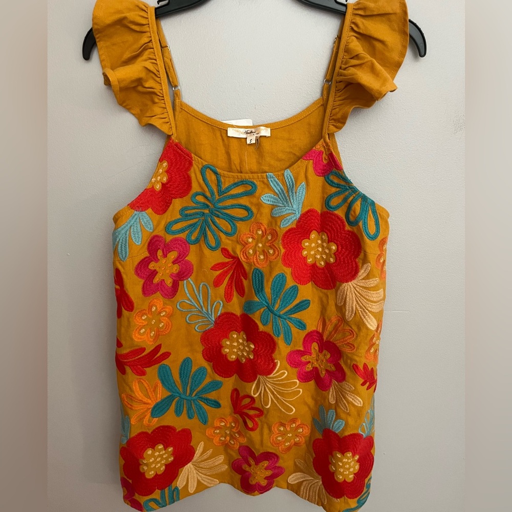 Andre by Unit Mustard  Floral Embroidered Cotton Linen‎ Tank Top NWT Size S